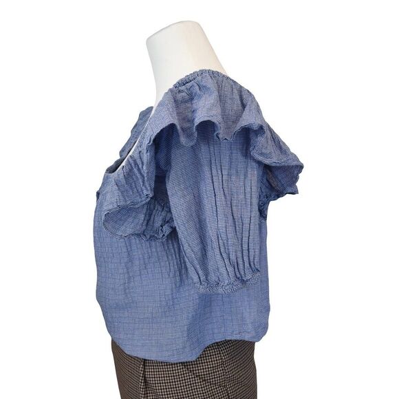 Zara Blue Gingham Smocked Ruffle Sleeve Top Size S Cottagecore Peasant Blouse - Picture 3 of 7